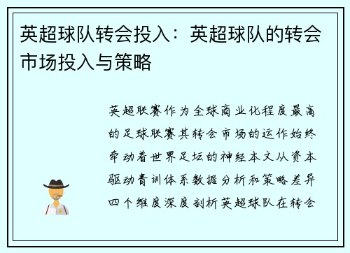 英超球队转会投入：英超球队的转会市场投入与策略