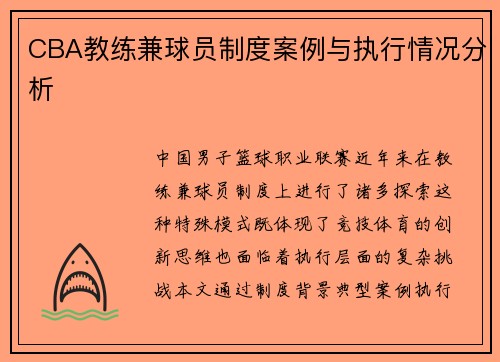 CBA教练兼球员制度案例与执行情况分析